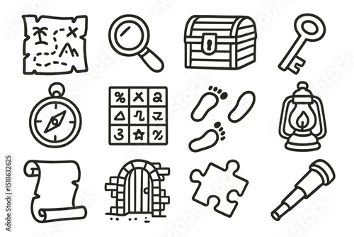 Hand-drawn adventure icons including map, compass, key, lantern, and chest