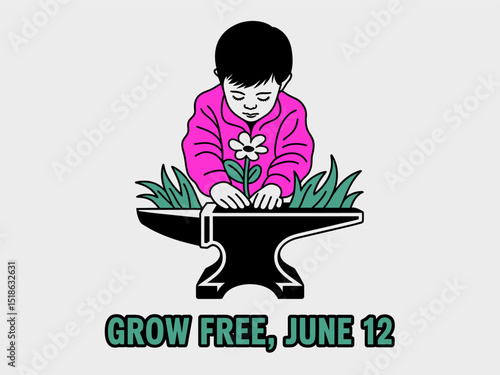 Boy planting tree with green leaves grow free June 12 message for anti child labour theme vector illustration