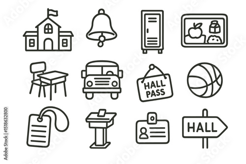 School icons: bell, bus, hall pass, locker, blackboard, desk, basketball