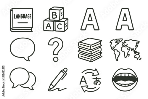 Language learning symbols: books, letters, globe, communication icons