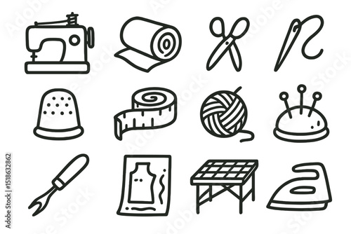 Sewing tools and supplies icons on olive background