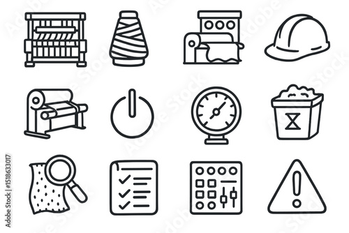 Textile manufacturing icons set: loom, yarn, safety helmet, quality control