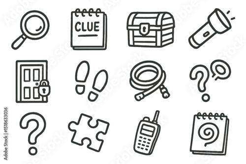 Illustrated icons of escape room clues and mystery elements on yellow background