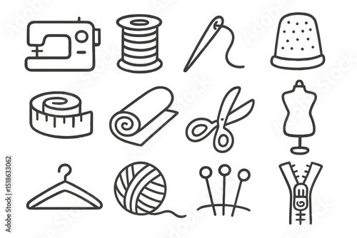 Sewing essentials icons: machine, needle, thread, scissors, mannequin