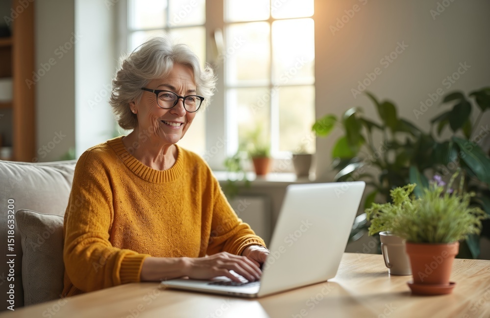 Happy mature woman works home using laptop. Smiling adult lady with glasses types on computer in living room. Home office, telecommuting, business, freelance, remote work. Happy mature woman works home using laptop. Smiling adult lady with glasses types on computer in living room. Home office, telecommuting, business, freelance, remote work.