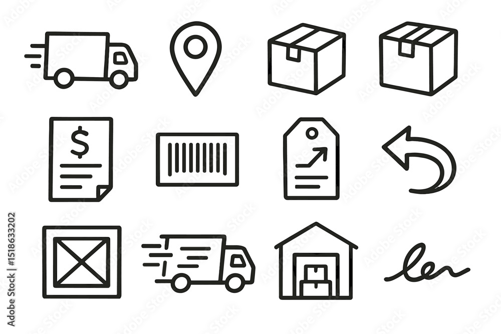 Logistics and shipping icons set with delivery, barcode, and warehouse symbols Logistics and shipping icons set with delivery, barcode, and warehouse symbols