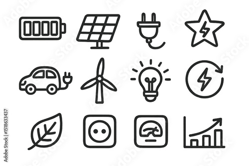 Renewable energy icons: solar, wind, electric, leaf, sustainability symbols