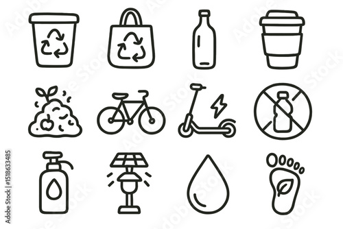 Eco-friendly icons: recycle, bicycle, solar, bottle, compost, electric scooter