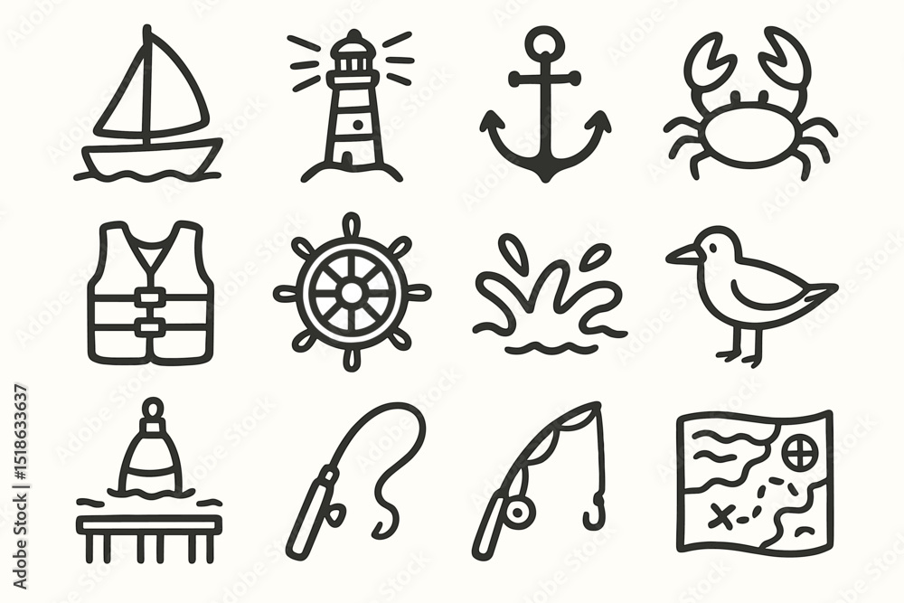 Fototapeta premium Nautical icons: boat, lighthouse, anchor, crab, bird, and map