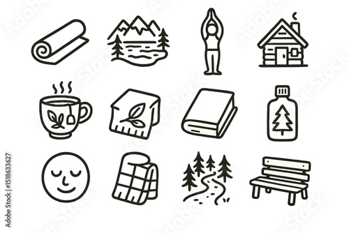Cozy lifestyle icons - yoga, nature, relaxation, reading, outdoors
