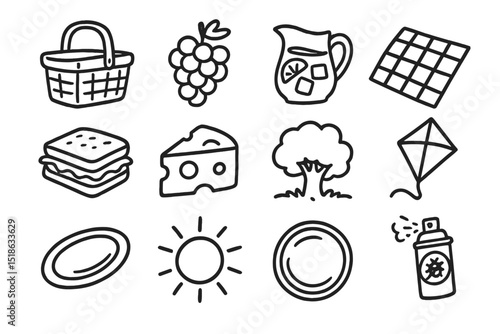 Hand-drawn picnic icons featuring food, nature, and leisure items
