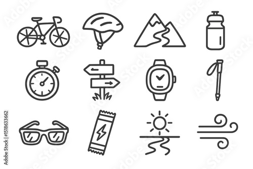 Icons of cycling gear and outdoor adventure equipment in black line art