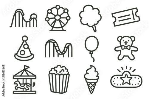 Amusement park doodles: rides, snacks, and festive icons on olive background