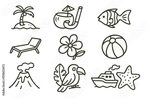 Tropical icons: beach, drink, fish, and travel symbols on green background