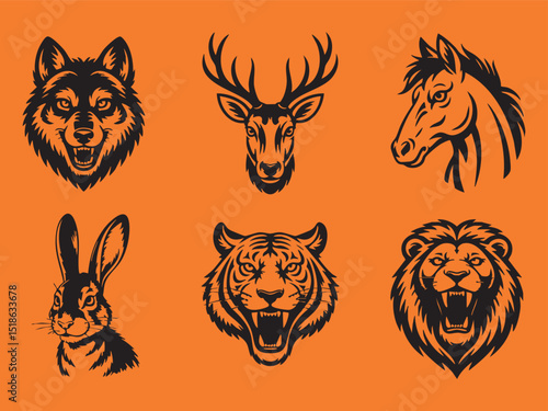 Collection of Wildlife Animal Heads in Black Silhouette on Orange Background Featuring a Wolf Deer and Horse silhouette