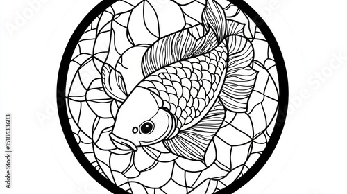 Koi fish swimming inside a circle pattern, white background