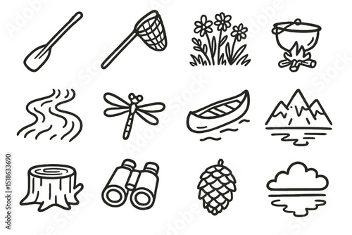Nature-themed icons: camping, canoeing, hiking symbols in illustration set