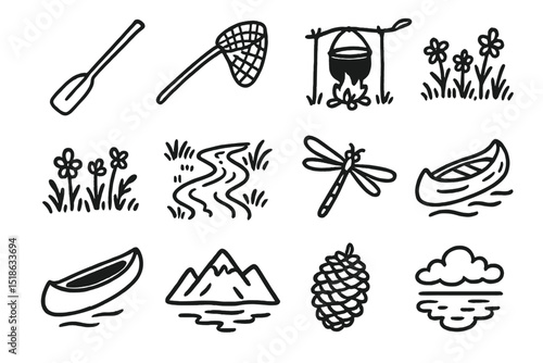 Hand-drawn outdoor adventure icons with canoe, campfire, and nature elements