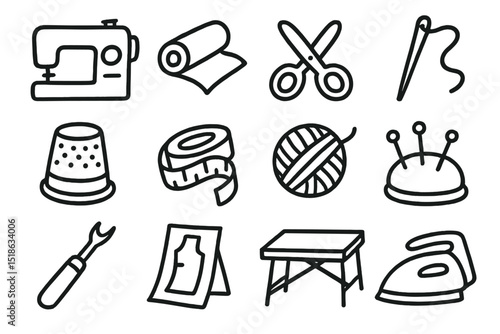 Sewing tools icon set: scissors, needle, thread, sewing machine, iron