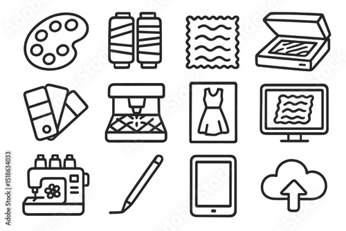 Fashion design tools and technology icons on olive background