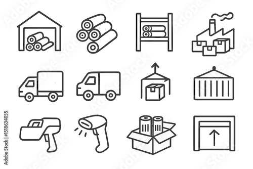 Warehouse and logistics icons with storage, delivery, and packaging symbols