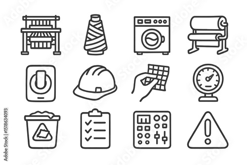 Textile industry icons: loom, yarn, washing machine, safety gear, control panel
