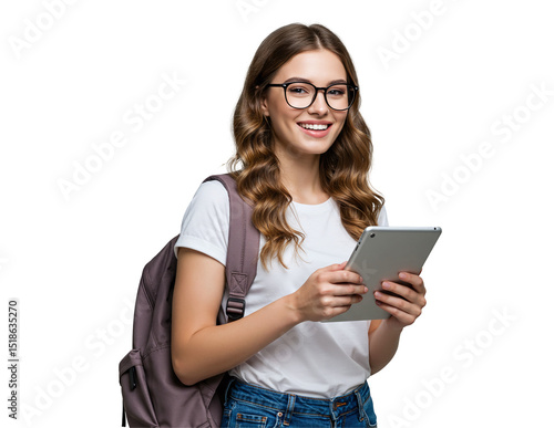 Young Woman Student with Tablet and Backpack Smiling