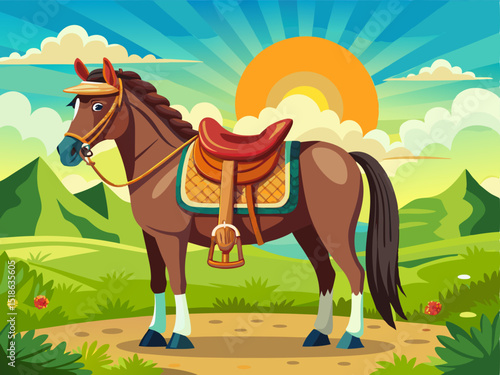 A stylized vector of a saddle mounted on a horse in a field under sunlight