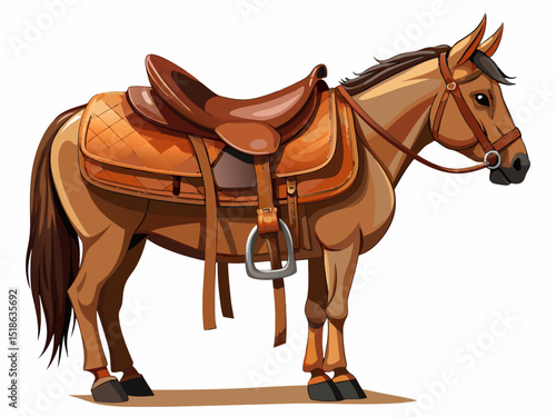 A high-quality vector of a brown leather horse saddle with stirrups, isolated on a white background