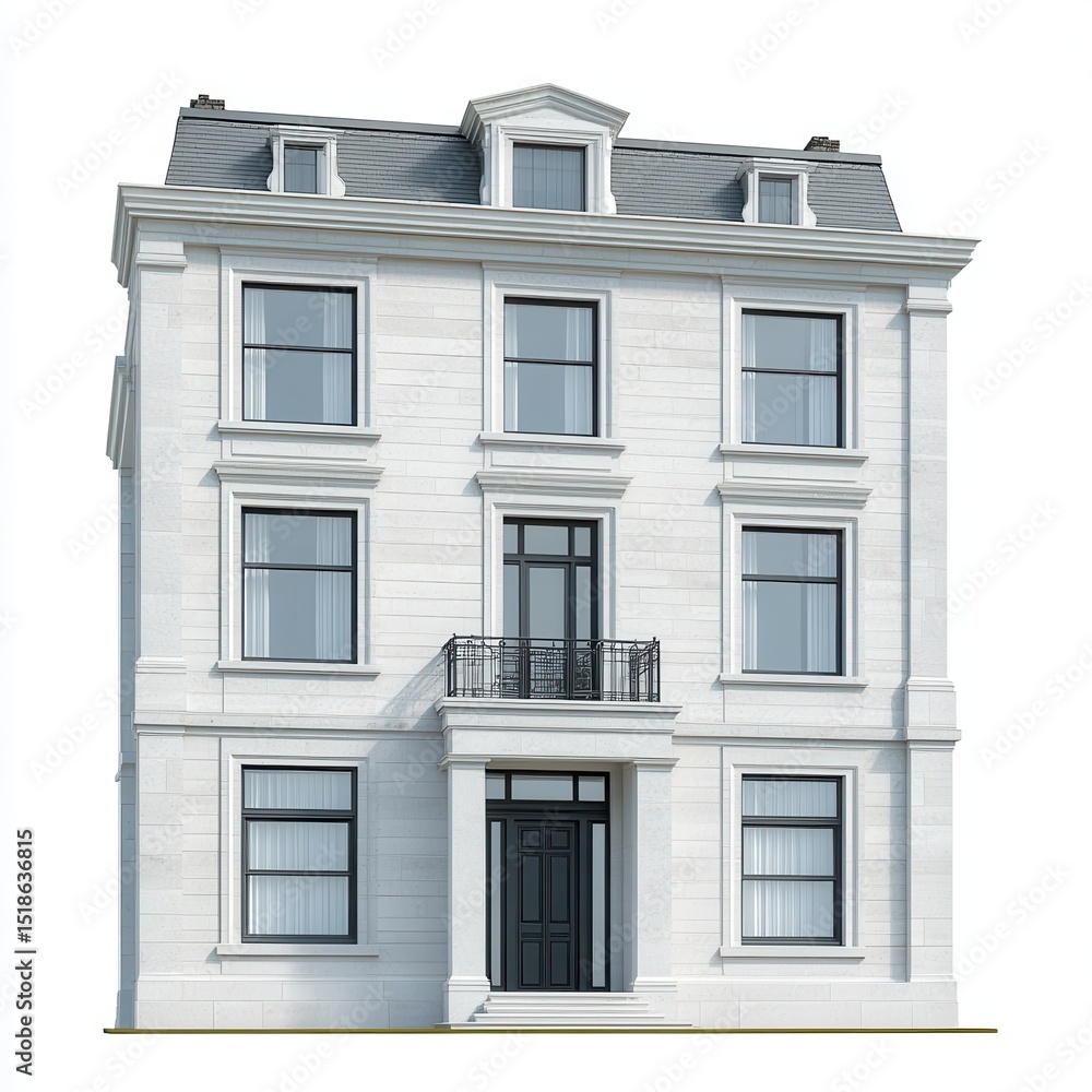Fototapeta premium Elegant White Building Facade with Black Door and Windows