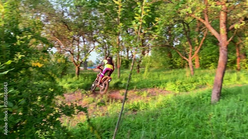 A motorcyclist rides off-road on a sports motorcycle.