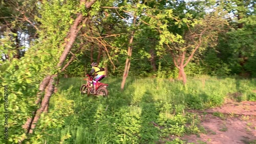 A motorcyclist rides off-road on a sports motorcycle.
