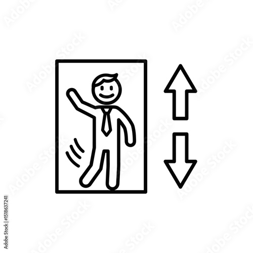 Outline Icon of Person in Elevator with Up and Down Arrows