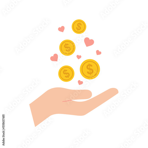 Hand Receiving Donation Coins with Hearts Illustration