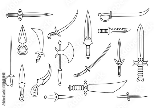 Set of knives, swords, axes, daggers, sabers, epees and rapiers. Set of edged weapons. A collection of bladed weapons.
