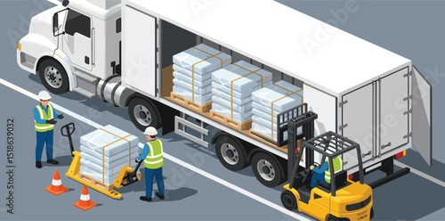 Isometric illustration of workers loading food cargo into a freight truck with forklift and safety cones, representing international import and export logistics