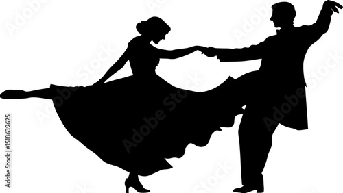 A silhouette of a waltzing couple, the woman leaning slightly back as they move forward together. Her dress flares around her feet. The man stands tall in a suit. Both are shown frontally in a harmoni