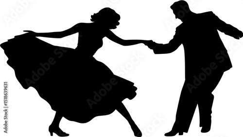 A silhouette of a waltzing couple, the woman leaning slightly back as they move forward together. Her dress flares around her feet. The man stands tall in a suit. Both are shown frontally in a harmoni