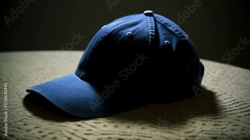A dark-blue baseball cap rests on a textured surface