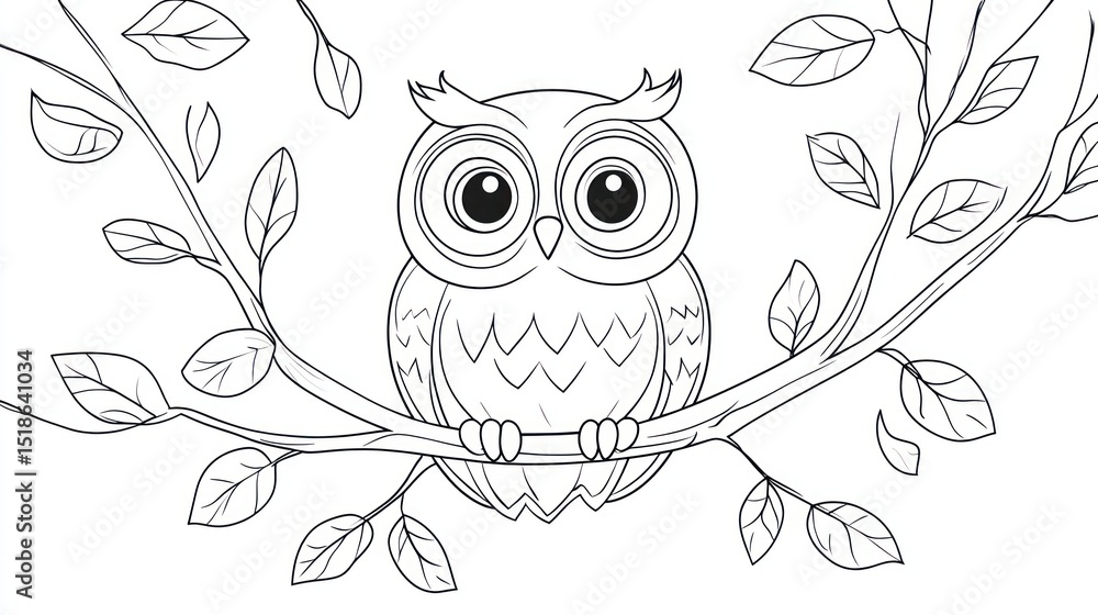Obraz premium Wise owl perched on a leafy tree branch, white background