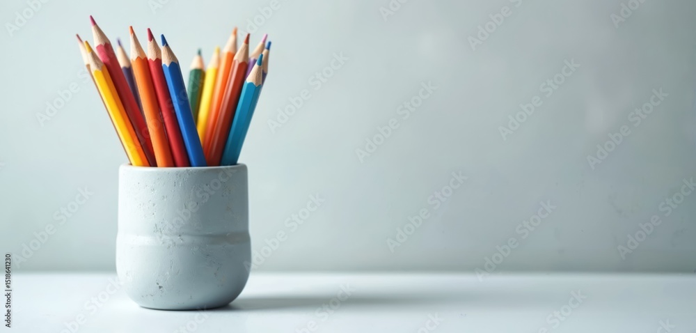 Obraz premium Colored pencils in ceramic pot on white desk, back-to-school theme. Education art supplies background. Concept of creativity, inspiration, school supplies, learning. Bright colors, copy space