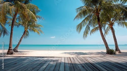 Vibrant photo of tranquil beach scene on a sunny day with palm trees and a wooden walkway ideal for a horizontal banner with copy space image.