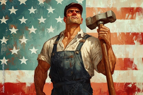 American worker: powerful art print of a muscular man with sledgehammer before an abstract us flag