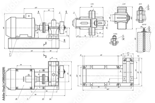 Assembly drawing of electrical reducer.
Design of steel mechanical device with shaft, worm gear, electric engine, bolt connection, dimension lines. Engineering technic cad scheme with cross section.