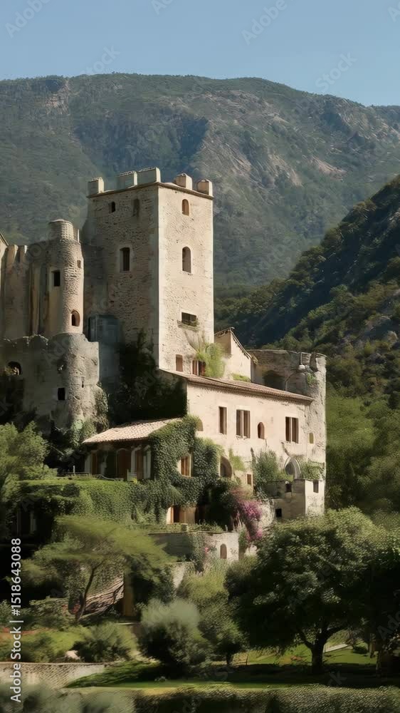 Medieval stone castle with turrets and towers amidst lush greenery and mountain background, enchanting fairytale architecture Medieval stone castle with turrets and towers amidst lush greenery and mountain background, enchanting fairytale architecture