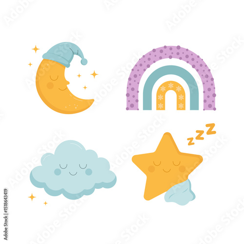 Cute moon, cloud, sleeping star, and pastel rainbow in soft colors. Perfect cartoon illustration for baby products, nursery design, bedtime themes, and kids' decor.