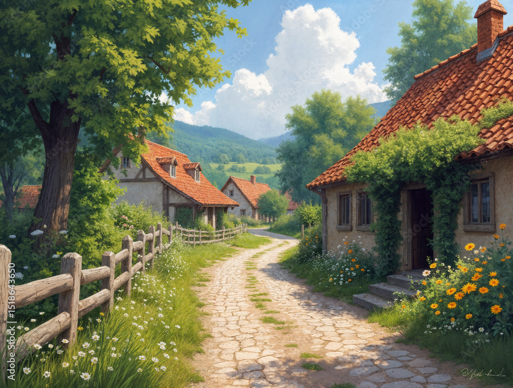 Village in the mountains, narrow village road, old wooden fence along the road, little houses with red tiled roofs, sunny day, beautiful summer landscape Village in the mountains, narrow village road, old wooden fence along the road, little houses with red tiled roofs, sunny day, beautiful summer landscape