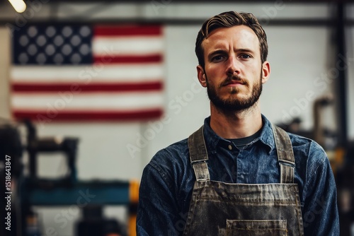 Portrait of a confident american craftsman: hardworking and skilled metalworker in his workshop with american flag in background