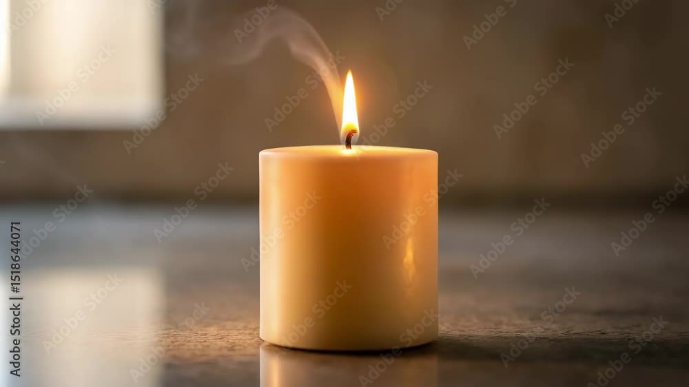 Lit candle with smoke on marble surface near window Lit candle with smoke on marble surface near window