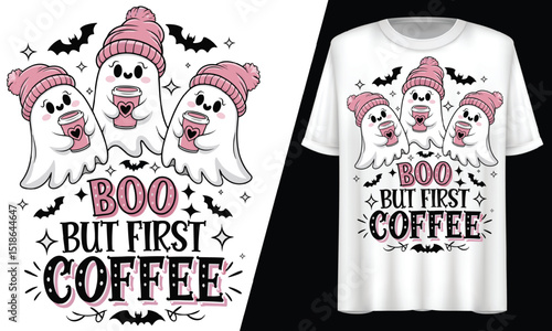 Boo But First Coffee, Ghosts Wearing Pink Beanies and Holding Coffee, T-Shirt Design.